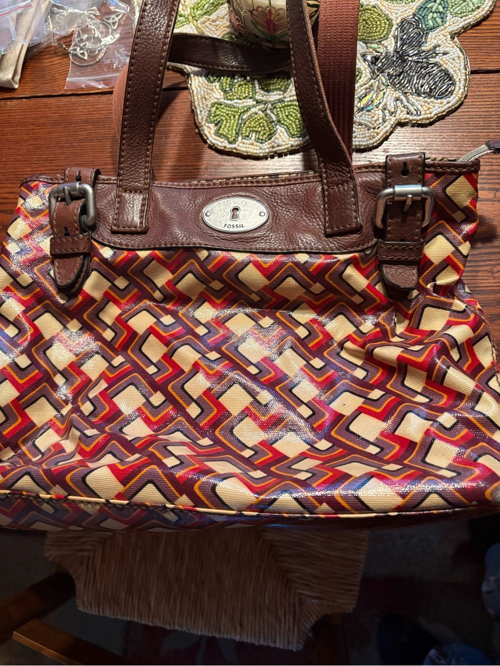 Fossil Brown Red Multi-Color Geometric Shoulder Bag